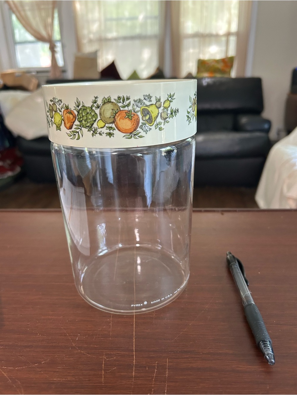 Vintage 1970s Pyrex Clear Glass Canister with spice of life pattern, 7” tall